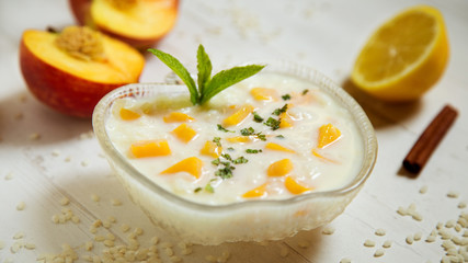 Milk rice dessert with fresh fruit