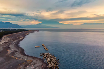 Mount Fuji with the cloud at sunset over the sea,Shizuoka,Japan.