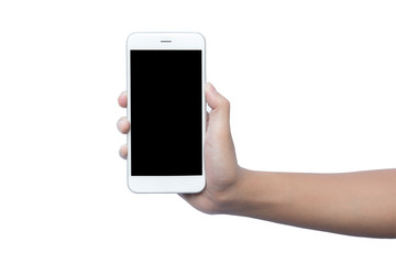 Man hand holding black smartphone isolated on white background