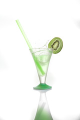 Green alcohol cocktail with splash and kiwi isolated on white.