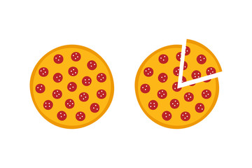 Vector illustration of pepperoni pizza, whole round pizza and slice.
