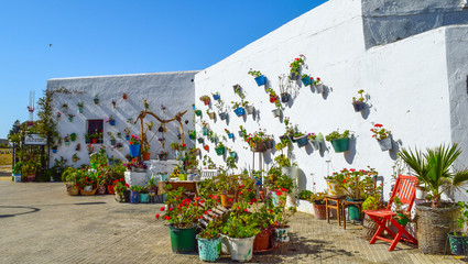 VEJER DE LA FRONTERA, SPAIN - 06.21.2018: Flower Pots with geraniums on a white wall of a spanish andalusian town © Pablo