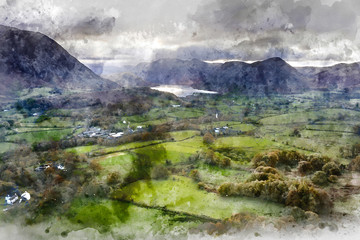 Digital watercolor painting of Beautiful Autumn Fall landscape image of view from Low Fell in Lake District looking towards Crummock Water and Mellbreak and Grasmoor peaks