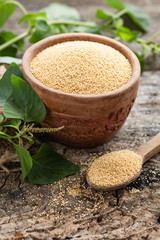 Raw Organic Amaranth Grain in a Bowl witn wooden spoon and Amaranth plant on Rustic wooden background. Healthy colorful gluten free food concept