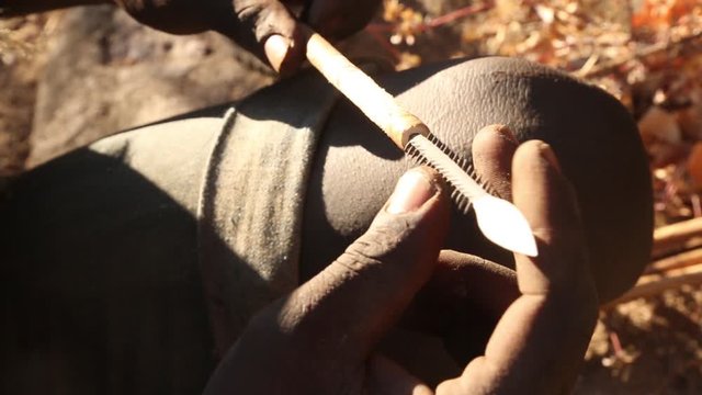 An unidentified Hadzabe bushman with bow and arrow during hunting Hadzabe tribe threatened by extinction.