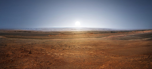 Sunset on planet Mars. Scenic desert scene on the red planet Mars.  Elements of this image...