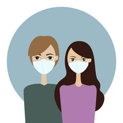 Man and woman with mask to protect them from Corona. Stop Corona Virus. Illustration simple avatar vector graphic design.