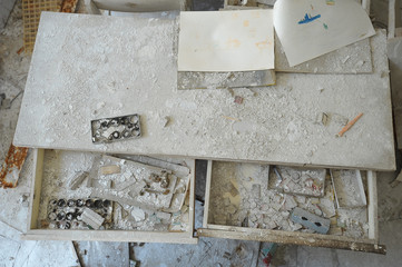 Old and dirty furniture in kindergarten in Chernobyl
