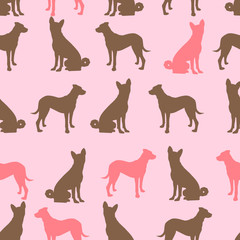Seamless color pattern with cute dogs. Vector illustration with funny puppies. Background for fabric, textile design, wrapping paper or wallpaper.