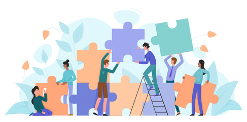 Teamwork, startup character flat vector illustration business concept with giant puzzle. Teamwork partnership metaphor. Team building training, project management, group motivation, brainstorming - obrazy, fototapety, plakaty