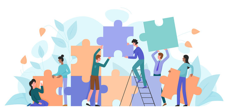 Teamwork, startup character flat vector illustration business concept with giant puzzle. Teamwork partnership metaphor. Team building training, project management, group motivation, brainstorming