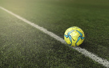 In or Out : Picture on Soccer ball in the field line. It is probably to be in the field or out the field in the next few minute.