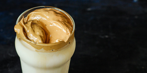 Dalgona coffee trend ice drink
cappuccino or latte fluffy creamy whipped
Menu concept healthy eating. food background top view copy space for text