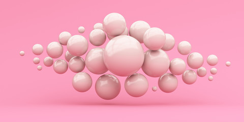 A lot of shiny pink spheres on a pink background. 3d render illustration for advertising.