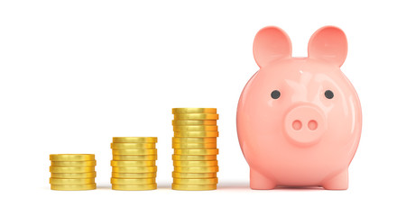 Pig piggy bank with gold coins on a white background. 3d render illustration.