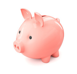 Shiny pink piggy piggy bank on a white background. 3d render illustration.