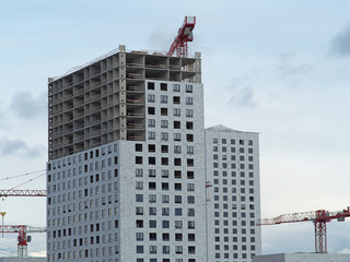 Fototapeta premium The construction of a skyscraper with a crane. New buildings, industry, construction