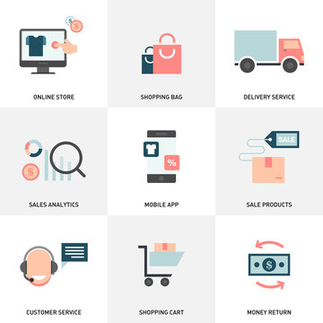 Online shopping and e-commerce flat icons. Vector icons for web design and website application.