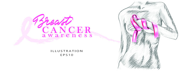 Fighting breast cancer. The figure of a girl drawn in pencil technique, with a pink ribbon. Breast cancer awareness calligraphy poster vector design. . October is a month of cancer awareness.