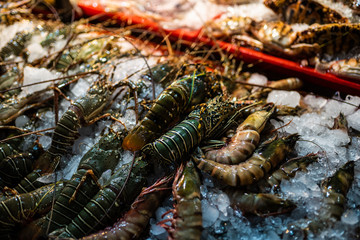 Phuket, Thailand - February, 2020: seafood in a street shop in the Asian market