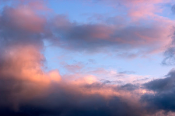 Dramatic sky with clouds on sunset evening. Natural abstract background.