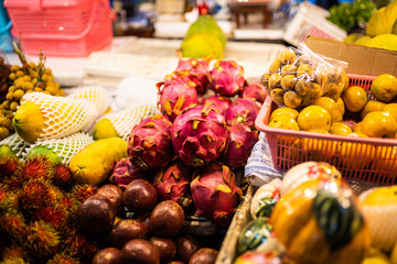 Asian market, exotic fruits. Fruit market in Thailand