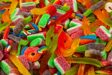 Assorted gummy candies. Top view. Jelly  sweets background.