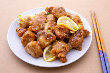 Sticky Chinese Lemon Chicken on the plate