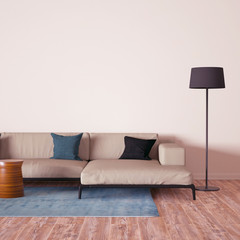 Realistic Room Render with Wooden Floors, Cozy Sofa and Pillows