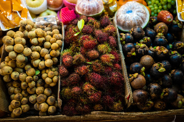 Asian market, exotic fruits. Fruit market in Thailand