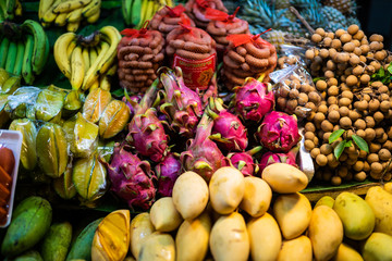 Asian market, exotic fruits. Fruit market in Thailand