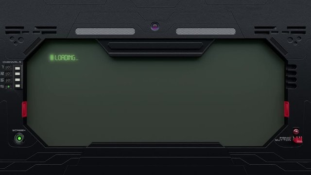 SciFi Tablet/screen/UI in the upper left corner appears the message LOADING PLEASE WAIT in green glowing letters