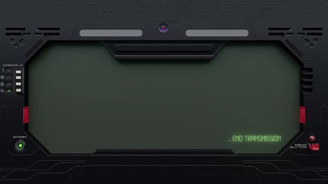 SciFi Tablet/screen/UI in the lower right corner appears the message END TRANSMISSION in green glowing letters