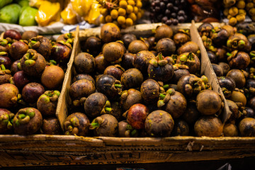 Asian market, exotic fruits. Fruit market in Thailand