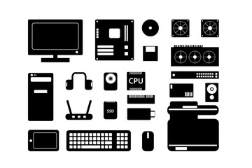 Computer hardware icon set. Black color. Isolated on white background. Vector design.
