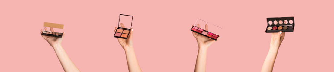 Collage with female hands holding various makeup palettes on pink background, panorama