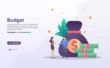 Budget financial concept. Men and women cooperation, business investment, get profits from business, cooperation and teamwork.. Can use for web landing page, banner, mobile app. Vector Illustration