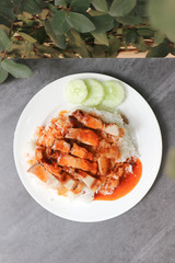 crispy pork with rice, rice topped with crispy pork