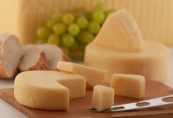 Cheese made from cow's milk with different grapes and bread.
