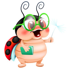 Fototapeta premium funny cartoon little ladybird in green glasses and book on white background . vector illustration.