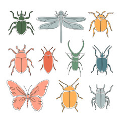 Set of different outline abstract insects. HAnd  drawn vector illustration for pattern, logo, design.