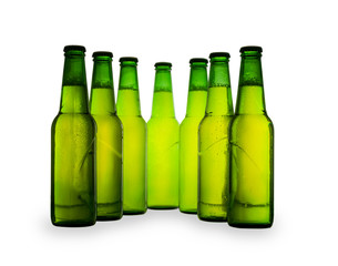 Green beer bottles isolated on white background.