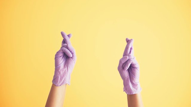 Woman's hands in medical protective latex gloves praying with crossed fingers over the bright yellow background. 