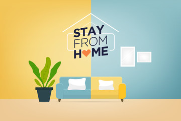 Stay from home slogan with house and heart. Protection campaign or measure from coronavirus, Stay from home quote text, vector