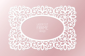 Laser cut paper lace frame, vector illustration. Ornamental cutout photo frame, template for cutting. Abstract vintage background. Element for wedding invitation and greeting card. - obrazy, fototapety, plakaty