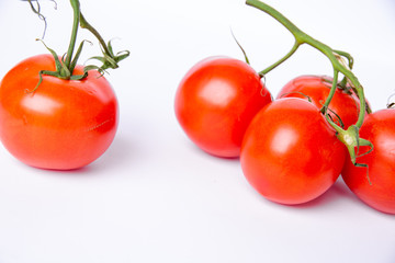 Tomatoes and a green stalk on a white background.