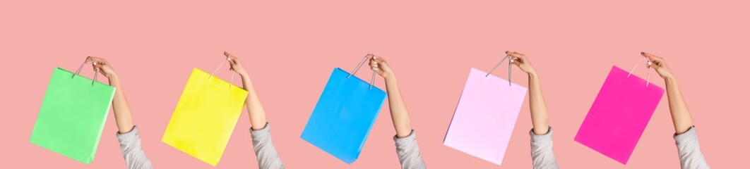 Collage with young consumer showing shopping bags on color background, mockup for design. Panorama