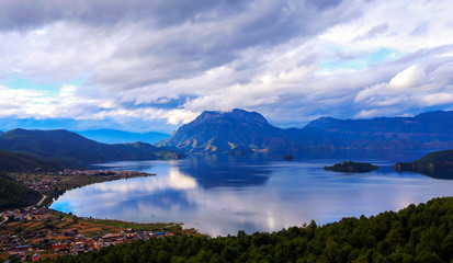 Fototapeta na wymiar Scenic view at Lugu Lake in Yunnan, Lijiang, China