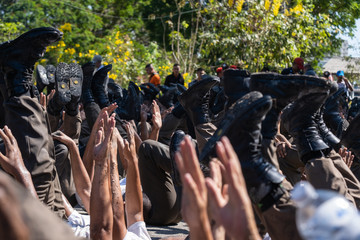 Soldiers game on military training ground ( battle camp ). Action. Operation Trainer giving training to military soldiers at boot camp Heavily Hot sun