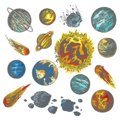 Planets vector sketch, meteorites and galaxy asteroids © Elegant Solution